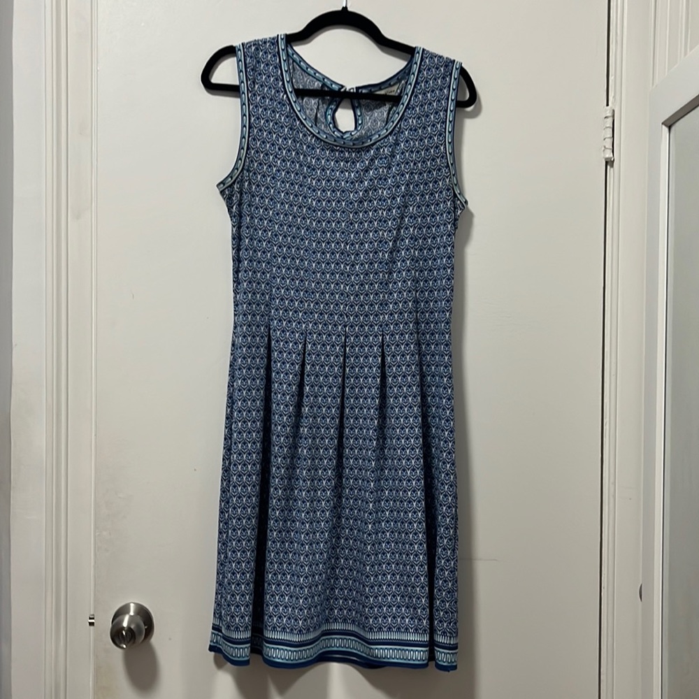 Pleated blue patterned fit and flare dress